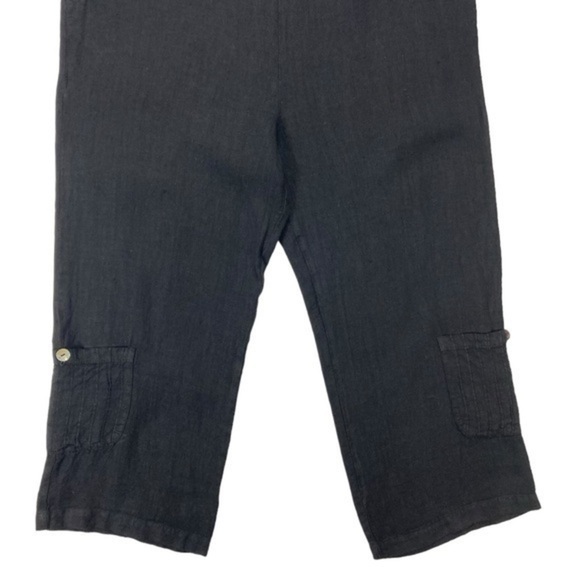 Dear Friends Linen Pants Womens Size M Black Cropped Cargo Pearl Buttons Trouser - Picture 3 of 15